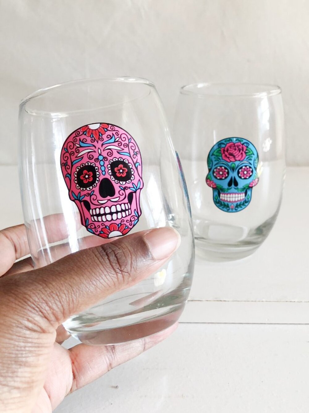 Cristar Sugar Skull Stemless Wine Glasses Aqua Blue & Pink